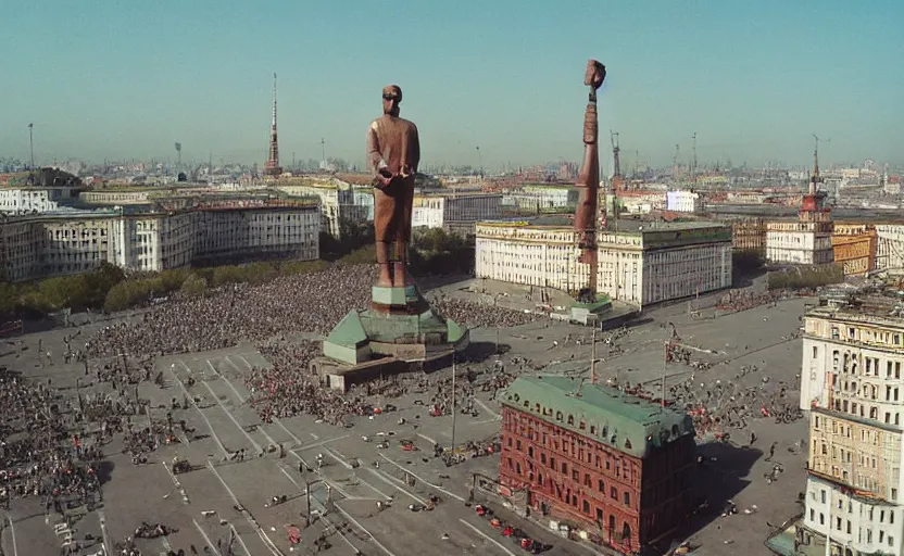 Prompt: high quality 2000s historic footage of a soviet square with a great lenin statue with stanilist style high rise and pedestrians, color aerial photo drone, Cinestill 800t, heavy grainy picture, very detailed, high quality, 4k panoramic