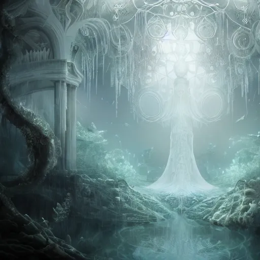 Image similar to under an white intricate like lace epic forest suspended in the air upside down, a white pool with intricate epic circles of water within floating female robots, dressed in intricate veils and jewels, and an intricate mythological underwater city, epic environment, matte painting, diffused lighting, highly detailed, cinematic, epic atmosphere, digital art, trending on artstation, wide angle