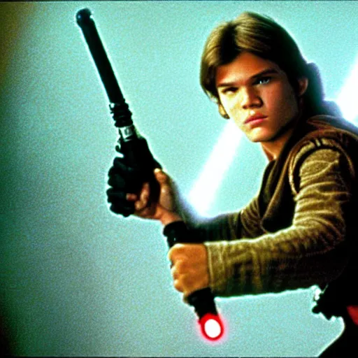 Image similar to A full color still from a film of a teenage Han Solo as a Jedi padawan holding a lightsaber hilt, from The Phantom Menace, directed by Steven Spielberg, 35mm 1990