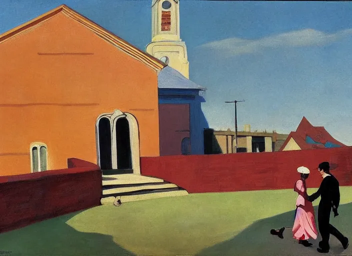 Image similar to painting, young lovers holding hands walking by river, she's wearing rags and feathers from salvation army counters, and the sun pours down like honey on our lady of the harbor church in montreal, by paula rego, by neo rauch, by edward hopper