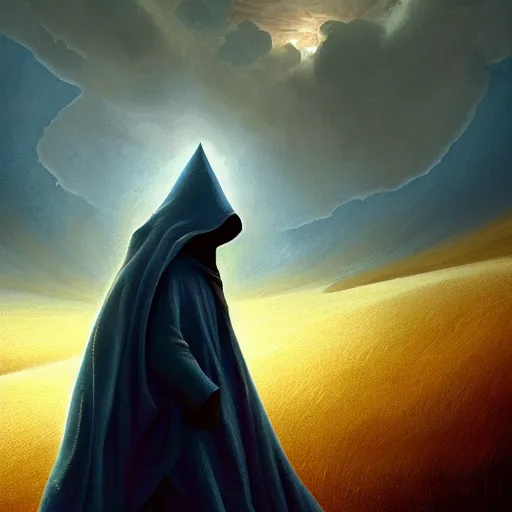 Prompt: a hooded mage walking on the hills while in the air there are clouds stars atmosferic ames eads casper david friedrich raphael lacoste vladimir kush tim white leis royo michael whelan bruce pennington volumetric light effect broad light oil painting painting fantasy art style sci - fi art style realism artwork unreal engine