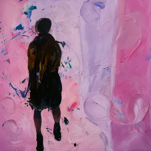 Prompt: _ in _ these _ paintings _ we _ see _ a _ woman _ who _ seem _ to _ be _ walking _ in _ circles in an empty void space, 4 k, in the style of ben quilty, hyper realism, minimal pink palette, medium shot, oil paint with thick brushstrokes of paint, impasto, detailed,