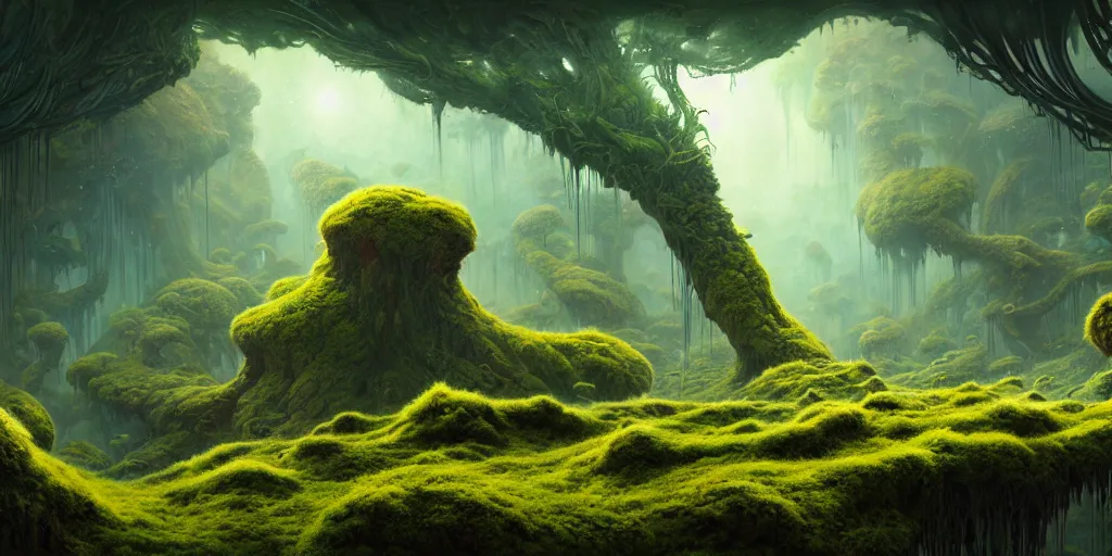 Prompt: a mossy alien planet land scape by karol bak, james jean, tom bagshaw, rococo, sharp focus, trending on artstation, cinematic lighting, hyper realism, octane render, 8 k, hyper detailed, vivid, ultra detailed, highly detailed