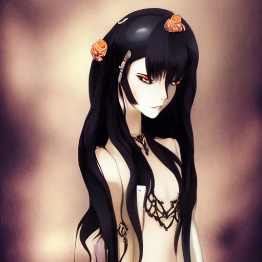 Prompt: young gothic anime woman with black hair and golden highlights, wearing a black necklace and with pretty makeup, drawn by WLOP, by Avetetsuya Studios, anime drawing, trending on artstation