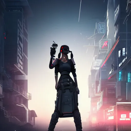 Image similar to trending on artstation 4k, unreal engine render, beautiful illustration of military woman standing in cyberpunk city
