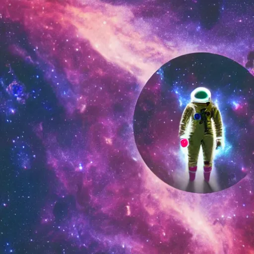 Prompt: modern double exposure monochrome spacesuit over a brilliant iridescent nebula.