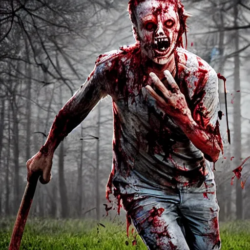 Prompt: zombie running, axe lodged in back, bloody, scary, horror
