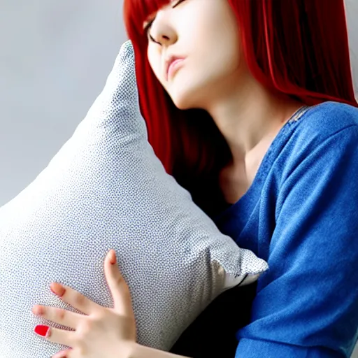 Image similar to cute anime girl hugging a pillow, official media