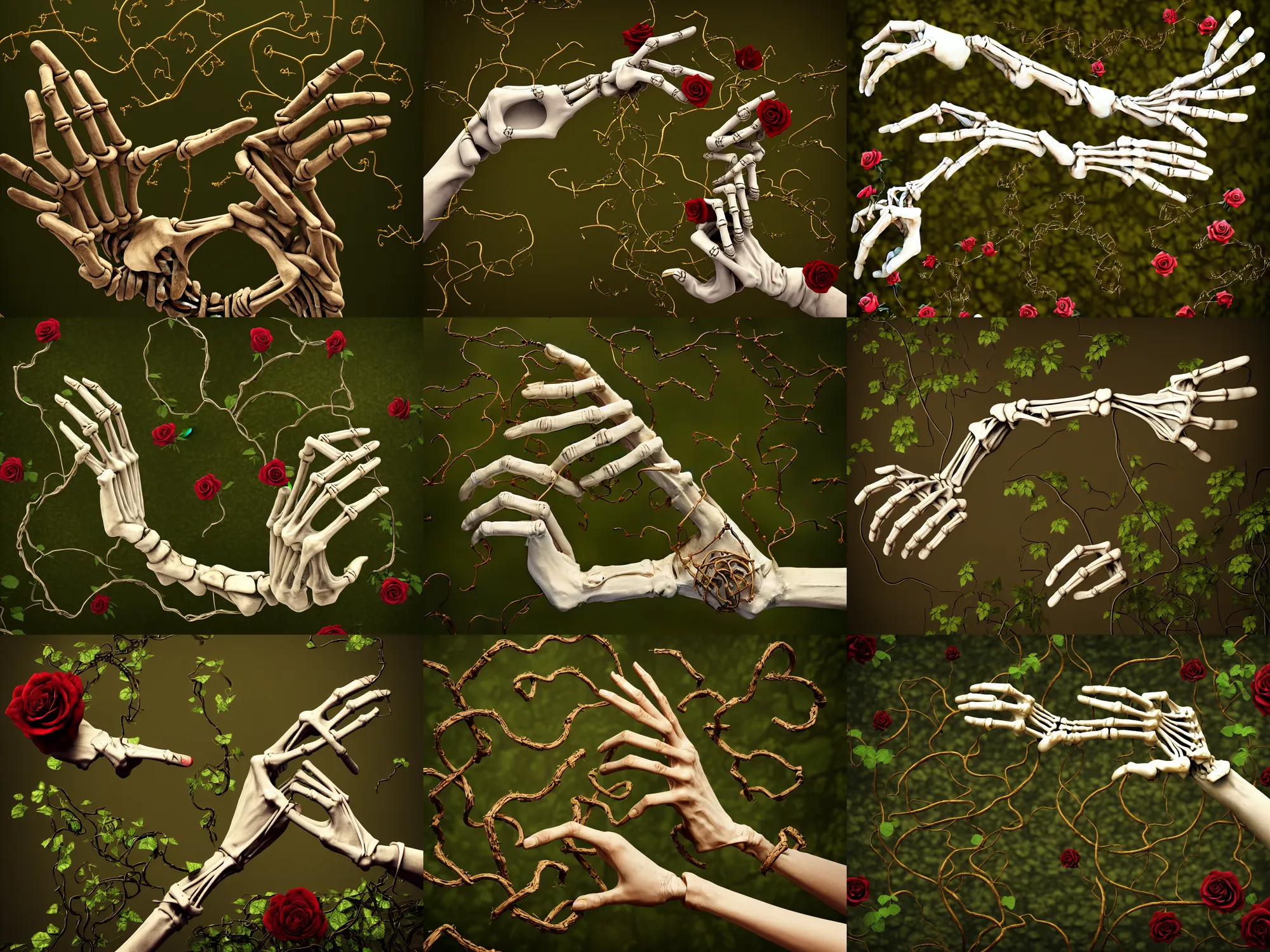 Prompt: a skeleton hand reaching out of the ground, roses and vines sprouting and wrapping around the hand, kintsugi, ornamented diaphanous jewelry, forest in background, 4k, trending on artstation, photorealistic, volumetric lighting, octane render,