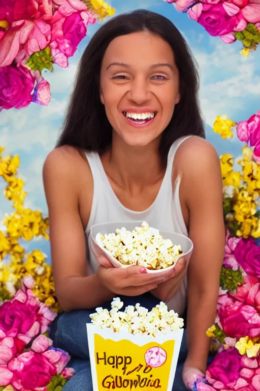 Prompt: portrait of a happy girl, lots of flowers and popcorn around, hyperrealistic, hightech