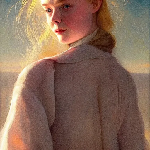 Image similar to Elle Fanning as an Android, head and shoulders masterpiece, oil on canvas, golden hour, in the world of Andrew Wyeth, artstation, by J. C. Leyendecker and Peter Paul Rubens,