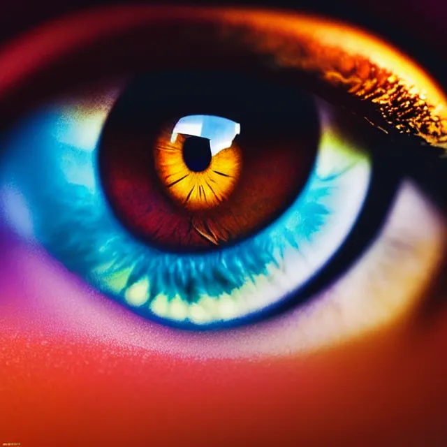 Image similar to a close up view of a colorful eye, a macro photograph, featured on cg society, macro lens, ultra detailed, macro photography, atmospheric lighting, intricate, volumetric lighting, beautiful, sharp focus, in the art style of marc simonetti, bowater charlie and brom gerald, astrophotography