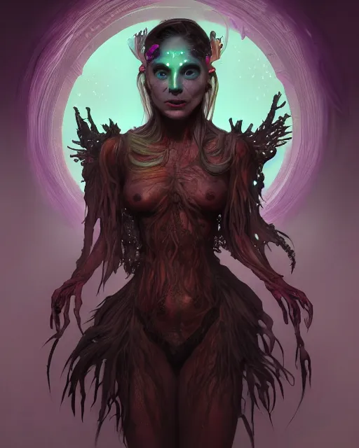 Image similar to portrait of a cute female monster, bioluminescent, veins, horror, happy, highly detailed, digital painting, cinematic, hyperrealism, dark retrowave, art by stanley lau and artgerm and magali villeneuve and alphonse mucha, artstation, octane render, cgsociety