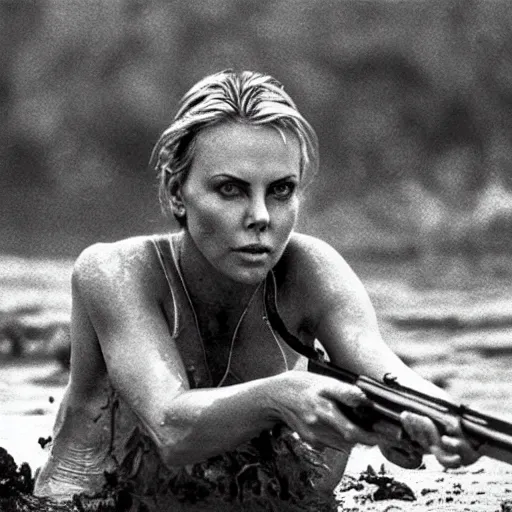 Prompt: film still, close up, charlize theron rising out of muddy vietnam river with a shotgun, face covered in mud, low camera angle at water level, night time, film still from apocalypse now ( 1 9 7 9 ), 2 6 mm.