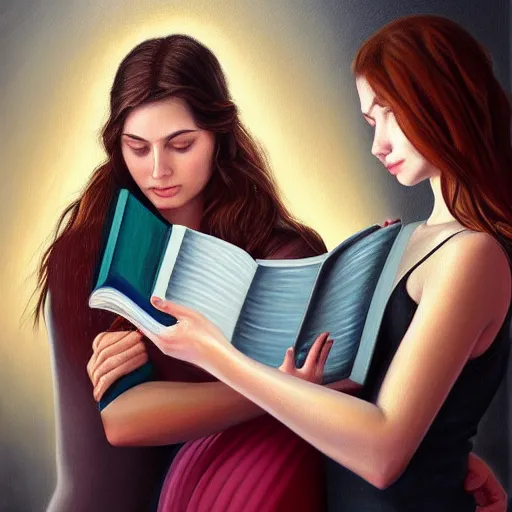 Image similar to hyperrealistic painting of a beautiful young woman holding a book while a woman and three men peep into the book from behind, detailed digital art, trending on artstation