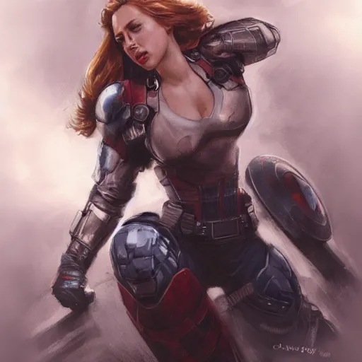 Image similar to captain america as an attractive young smiling woman played by by scarlett johansson wearing heavy armour, face portrait, athletic strong body, hd shot, digital portrait, elegant, beautiful, fantasy art, artstation, comic style, by artgerm, guy denning, jakub rozalski, magali villeneuve and charlie bowater