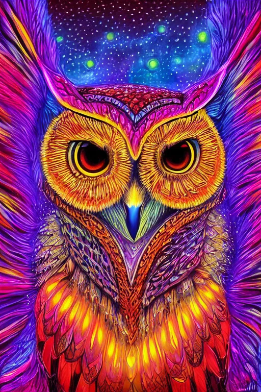 Image similar to glowing owl, beautiful colours, highly detailed, digital art, sharp focus, trending on art station