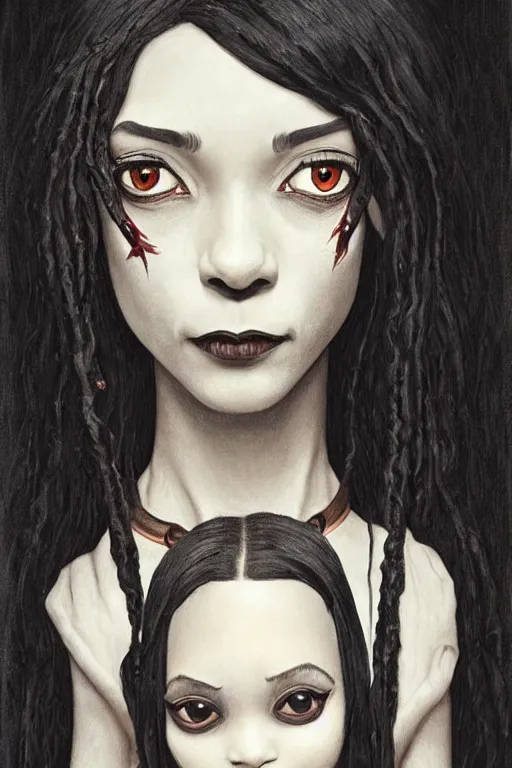 Prompt: beautiful cottagecore snoop dogg as Wednesday Addams holding a Coraline doll, Black Hair, Goth, gothic, castlevania, intricate, elegant, highly detailed, digital painting, artstation, concept art, smooth, sharp, focus, illustration, art by artgerm and greg rutkowski and alphonse mucha