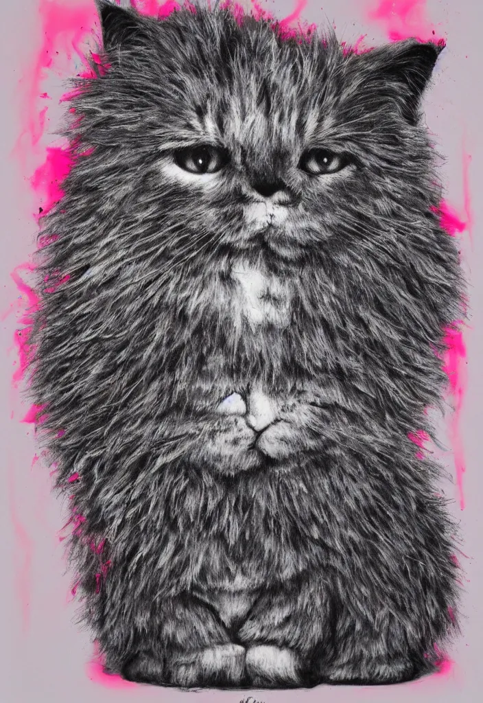 Image similar to fluffy cat with an afro comb t - shirt design, by jules julien, kaws, dark grisaille monochrome neon spraypaint, ironic surrealism, hypebeast