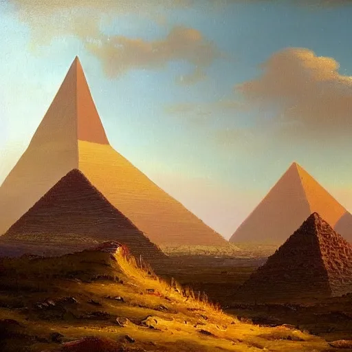 Image similar to fantasy landscape pyramids in distance rocky desert terrain oil painting widescreen