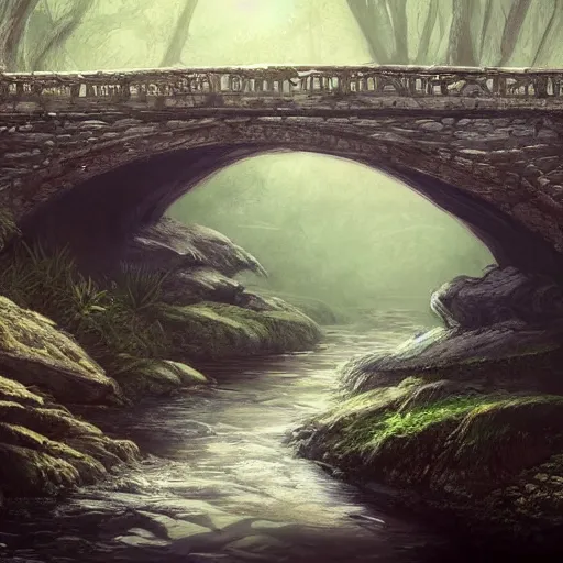 Image similar to stone bridge, river, forest, mysterious, fantasy, concept art, artstation