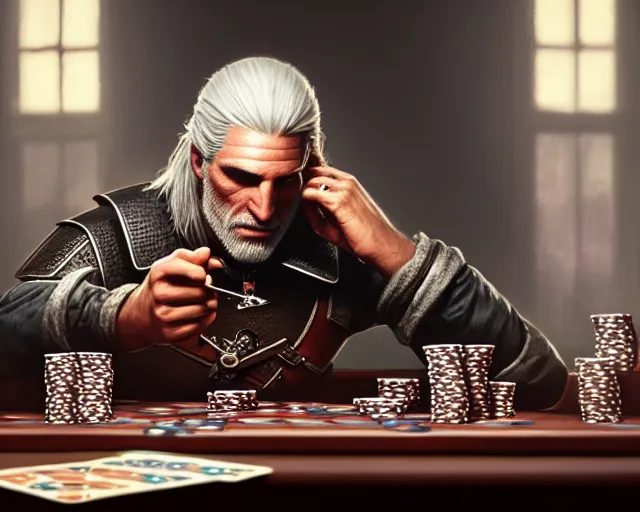 Image similar to 5 5 mm portrait photo of geralt playing poker. magical atmosphere. art by greg rutkowski. highly detailed 8 k. intricate. lifelike. soft light. nikon d 8 5 0.