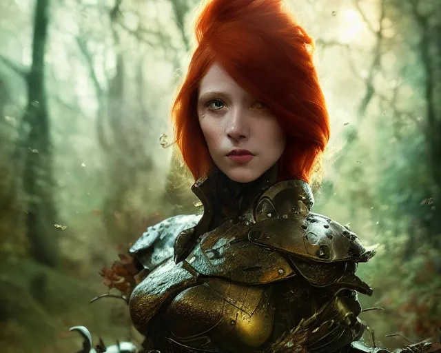 Prompt: 5 5 mm portrait photo of an armored gorgeous aesthetic redhead woman warrior, in a magical forest. fantasy atmosphere. art by greg rutkowski. highly detailed 8 k. intricate. lifelike. soft light. nikon d 8 5 0.