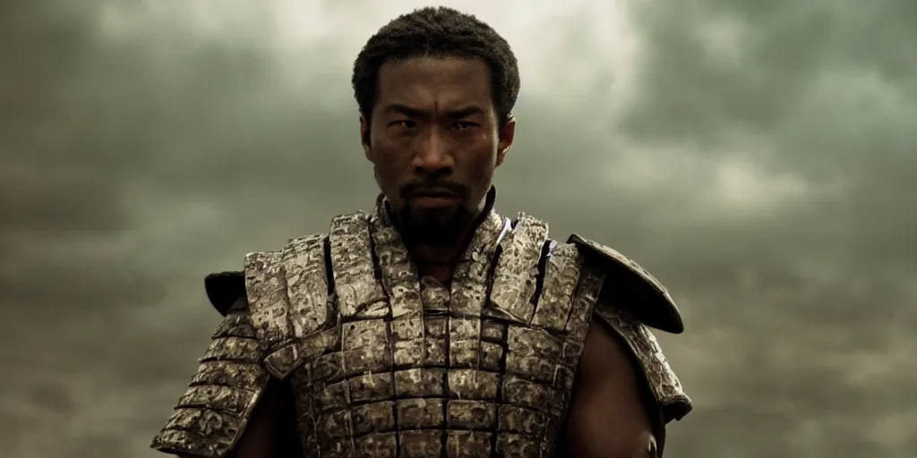 Prompt: a film still of a black man starring in a japanese blockbuster film as an ancient samurai, shallow depth of field, cinematic, award winning cgi, vfx, film still