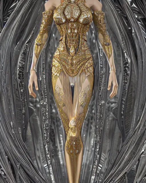 Image similar to a highly detailed metahuman 4 k close up render of a bella hadid nataraja monument renaissance in iris van herpen dress schiaparelli in diamonds crystals swarovski and jewelry iridescent in style of alphonse mucha gustav klimt trending on artstation made in unreal engine 4