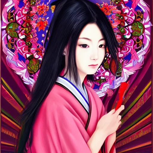 Image similar to centered portrait of beautiful Japanese girl in kimono, hyperdetailed, digital painting, trending on Artstation, anime style coloring