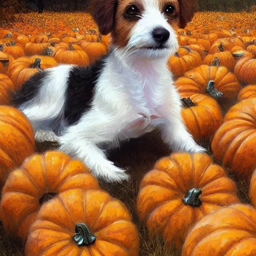 Prompt: a very cute scruffy long haired jack russell terrier puppy, white with chocolate brown spots and a brown patch over both eyes, amidst piles of pumpkins. halloween autumn fall art. beautiful painting by artgerm and greg rutkowski and alphonse mucha