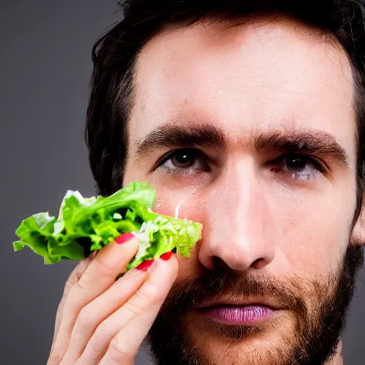 Prompt: close up headshot of a sad man eating salad, stock photograph, studio lighting, 4k, beautiful symmetric face, beautiful gazing eyes