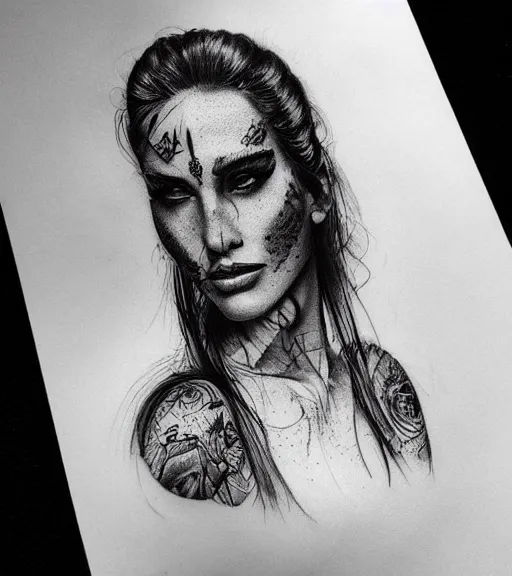 Image similar to amazing blend effect of beautiful mountain scenery with a beautiful woman face, tattoo design sketch, hyper - realistic, in the style of matteo pasqualin, amazing detail, black and white