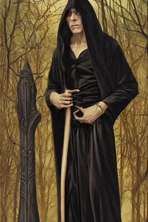 Image similar to a vampire wearing a long black robe with large bat ears huge black eyes and gray skin, character art, painting by james c christensen