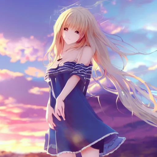 Image similar to a very beautiful anime cute girl, full body, long wavy blond hair, sky blue eyes, full round face, short smile, fancy top, miniskirt, front view, summer lake setting, cinematic lightning, medium shot, mid-shot, highly detailed, trending on Artstation, Unreal Engine 4k, cinematic wallpaper by Stanley Artgerm Lau, WLOP, Rossdraws, and Sakimichan