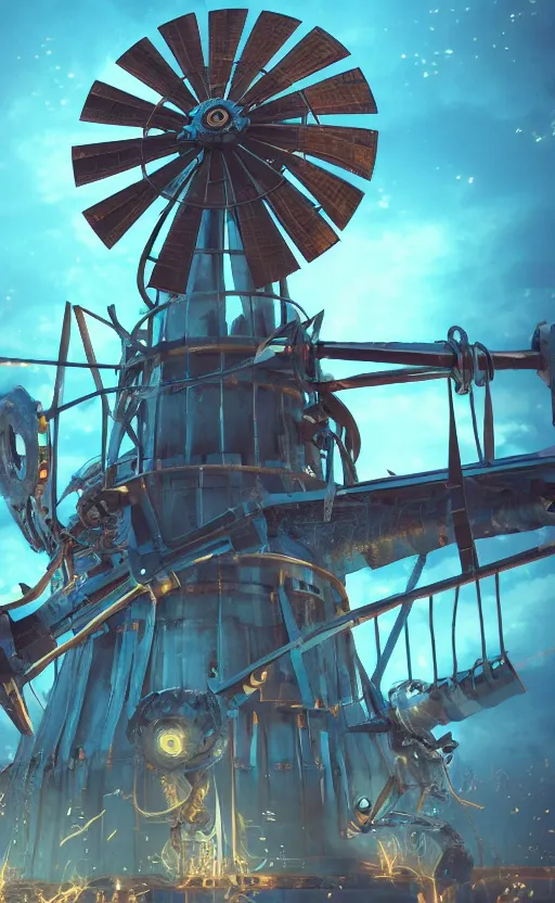 Image similar to a steampunk windmill, zoomed in, spinning fast, robot, blue fire, electricity lightning, concept art, sharp focus, intricate details, very high details, photorealistic, disney pixar, octane render, iridescent, anime, 8 k