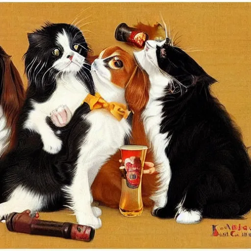 Image similar to one Cavalier King Charles Spaniel and two ragdoll kittens and one black cat drinking beer in the style of norman rockwell