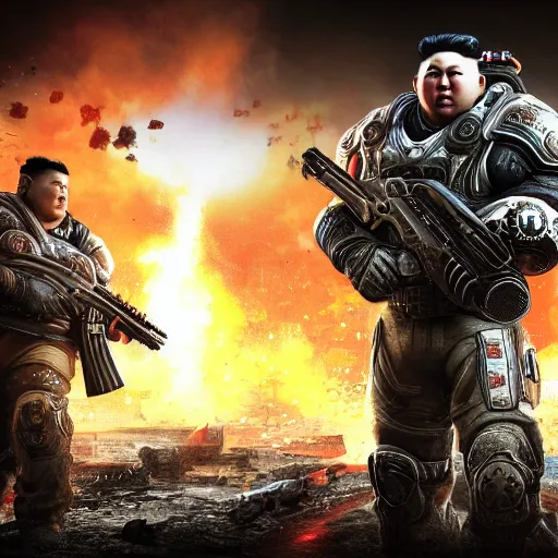 Image similar to kim - jong un in gears of war, splash art, movie still, detailed face, cinematic lighting, dramatic, octane render, long lens, shallow depth of field, bokeh, anamorphic lens flare, 8 k, hyper detailed, 3 5 mm film grain