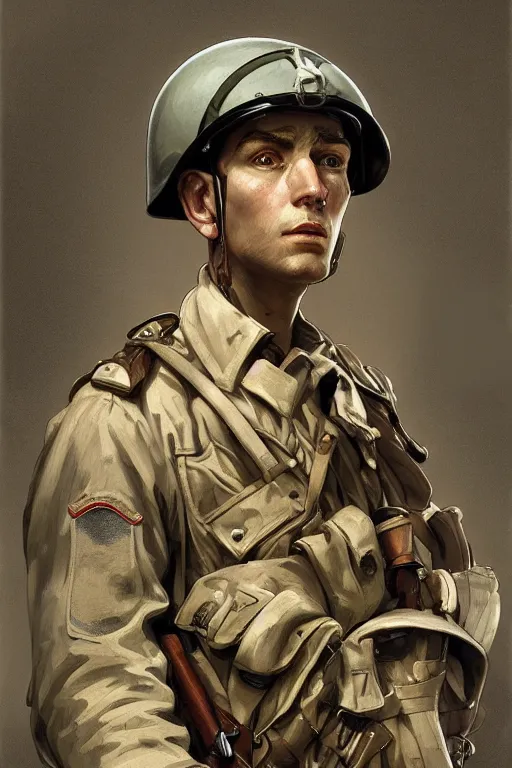 Image similar to A full portrait of a british world war two soldier, intricate, elegant, highly detailed, digital painting, artstation, concept art, smooth, sharp focus, illustration, art by Krenz Cushart and Artem Demura and alphonse mucha