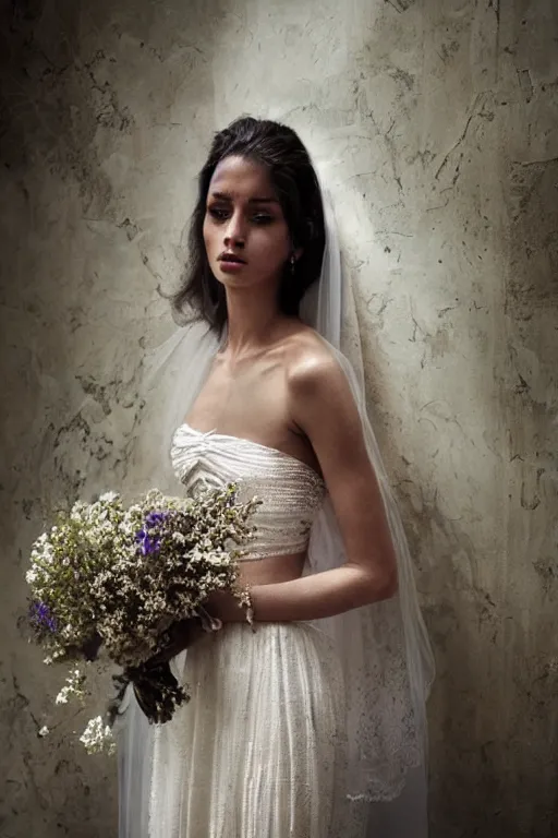 Image similar to very beautiful woman, beautiful face, ultradetailed, ethereal, flowers, beautiful wedding dress, gorgeous, volumetric lighting, art by steve mccurry