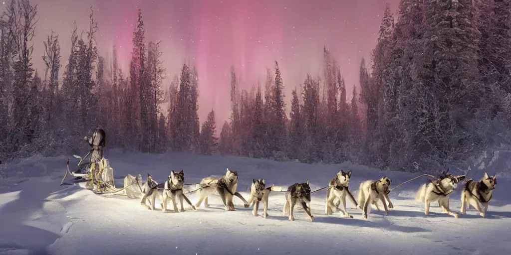 Image similar to a winter scene at night, northern lights, dog sled team, matte painting, high quality, trending on artstation