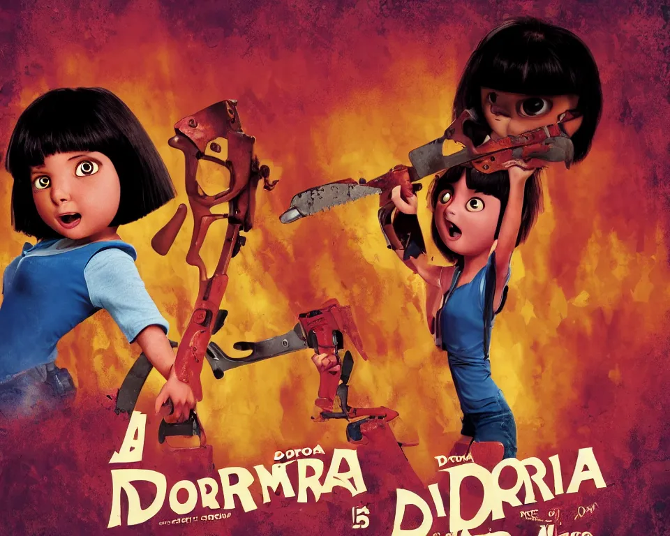 Prompt: a horror movie poster featuring Dora holding a Chainsaw