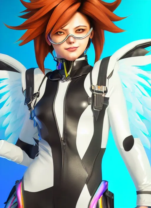 Image similar to portrait bust digital artwork of tracer overwatch, wearing white iridescent rainbow latex and leather straps catsuit outfit, 4 k, expressive happy smug expression, makeup, in style of mark arian, angel wings, wearing detailed black leather collar collar collar collar, chains, black leather harness, detailed face and eyes,