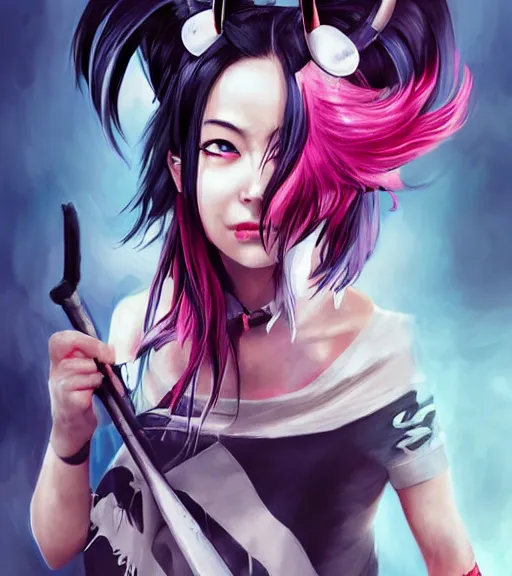 Image similar to ibuki mioda, a japanese punk girl with hair horns and streaked hair, rocking out, awesome, art by stanley lau, artgerm, rossdraws, ross tran, sakimichan, cyarine, beautiful art