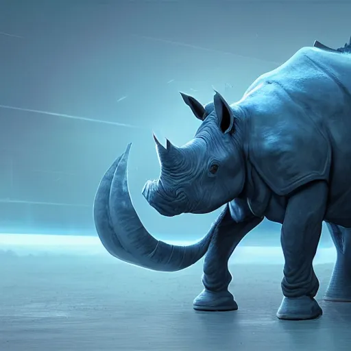 Prompt: An andromorphic blue rhino wearing warlock garments, intricate artwork by Tooth Wu and beeple, greg rutkowski and artgerm and justin gerard, cinematic, hyper realism, high detail, octane render, unreal engine, 8k, Vibrant colors, Smooth gradients, High contrast, depth of field, aperture f2.8