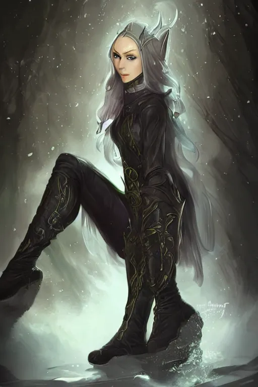 Image similar to a beatiful female elven priestess wearing thigh high black leather boots, detailed digital art in the style of Charlie Bowater