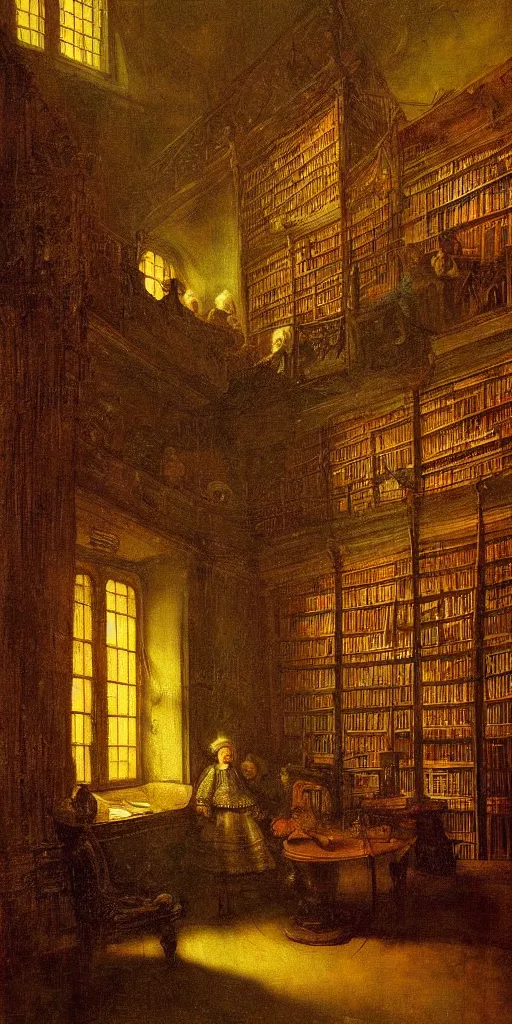 Prompt: magical library painting by rembrandt