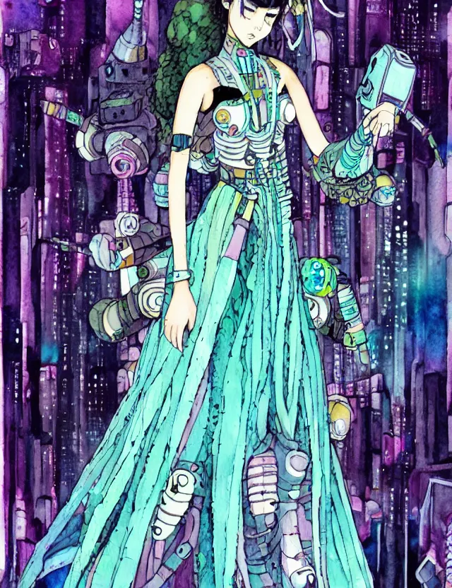 Image similar to inca scifi princess of the lichen woods, wearing a lovely dress with cyberpunk elements. this watercolor painting by the award - winning mangaka has an interesting color scheme, plenty of details and impeccable lighting.