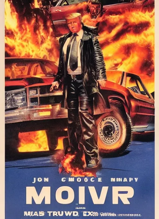 Prompt: an 8 0's john alvin action movie poster starring donald trump mad max. explosions