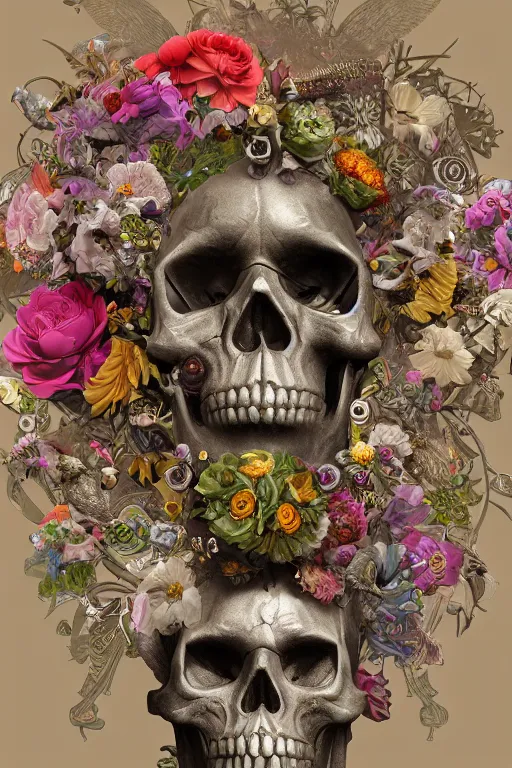 Prompt: zoom in 3 d render of cyborg skull made of flowers holding birds, ornaments, mucha vibe, dieselpunk, solarpunk, artstation, andrei riabovitchev